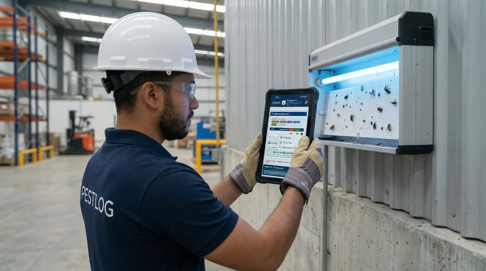 Técnico con lámpara UV y app