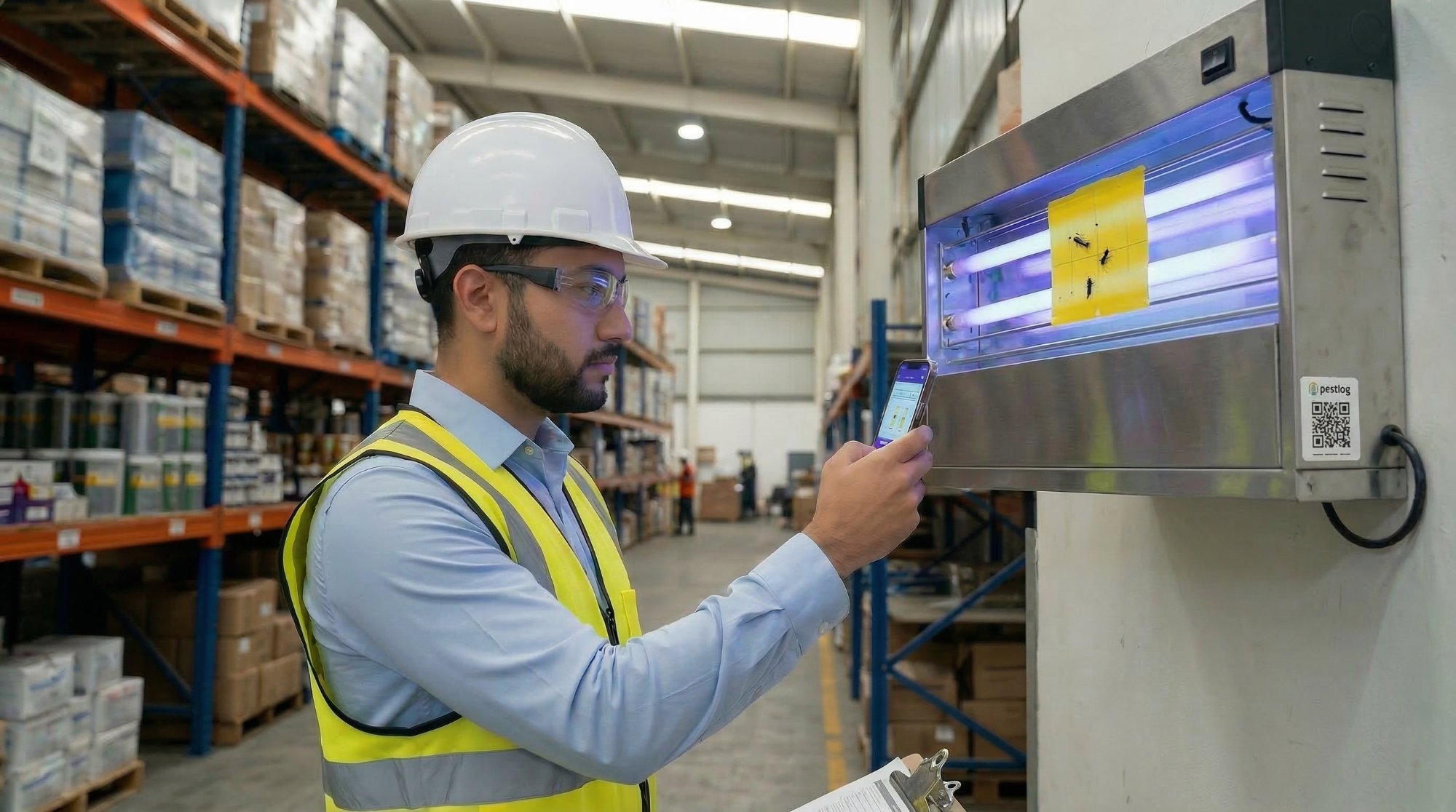 Técnico escaneando QR de lámpara UV